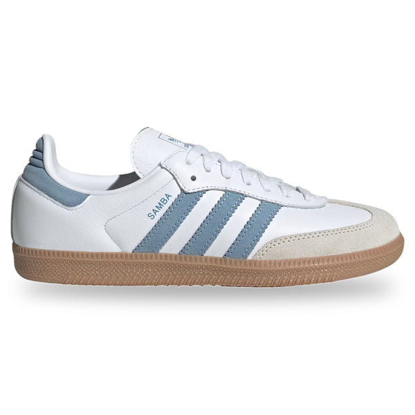 White Adidas sneaker with blue stripes on a white background