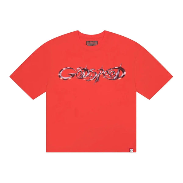 Red t-shirt with a graphic design on a white background