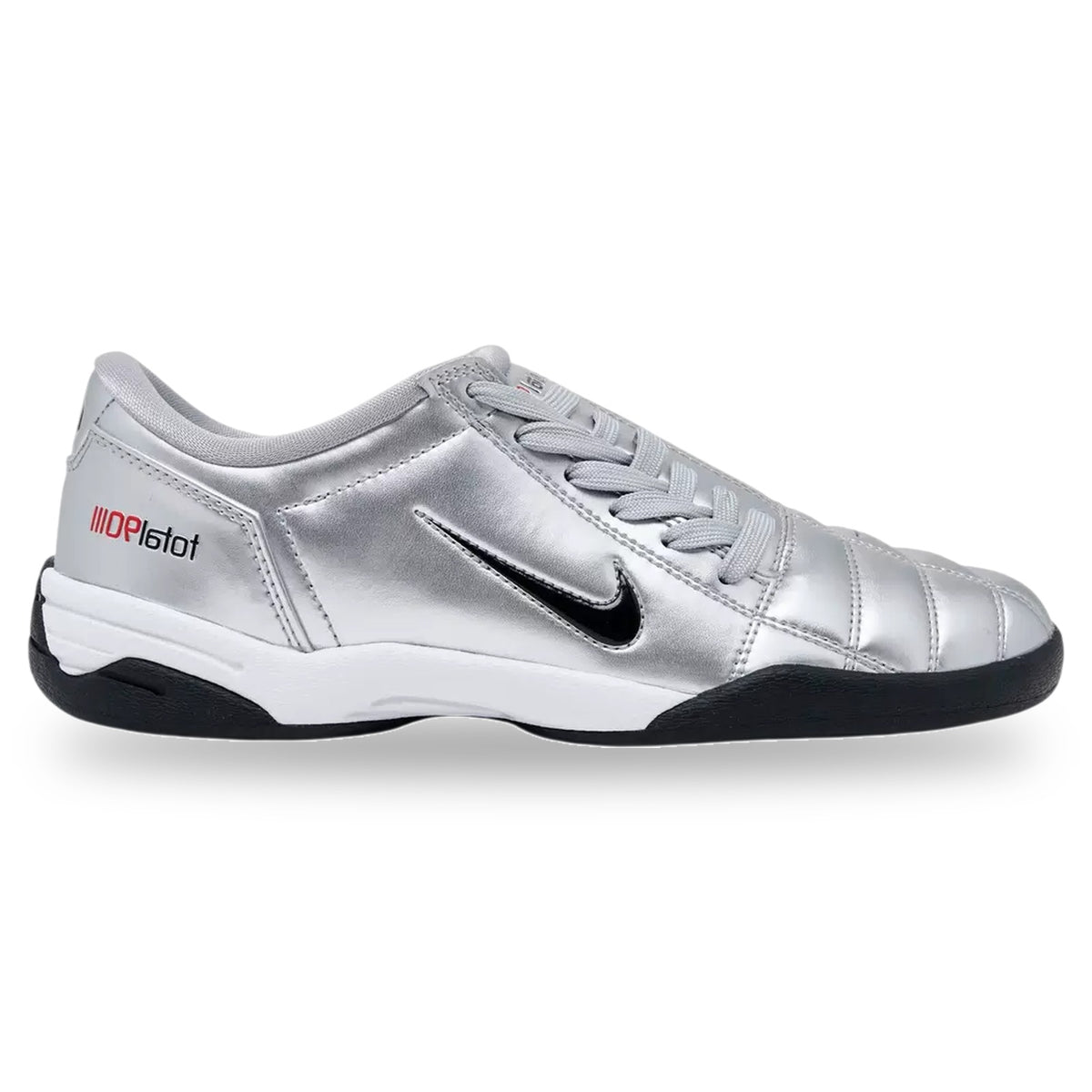 Silver sports shoe with black sole on a white background