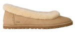 Beige UGG slipper with fluffy trim on a white background - Image 1