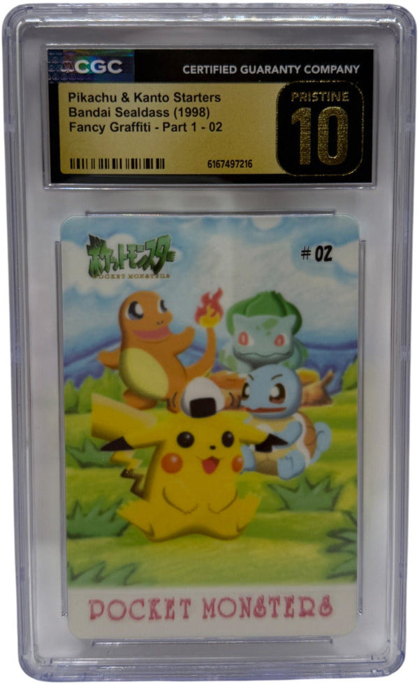 1998 Bandai Sealdass Fancy Graffiti #02 — Pikachu, Charmander, Bulbasaur and Squirtle — CGC 10 Pristine slab, front