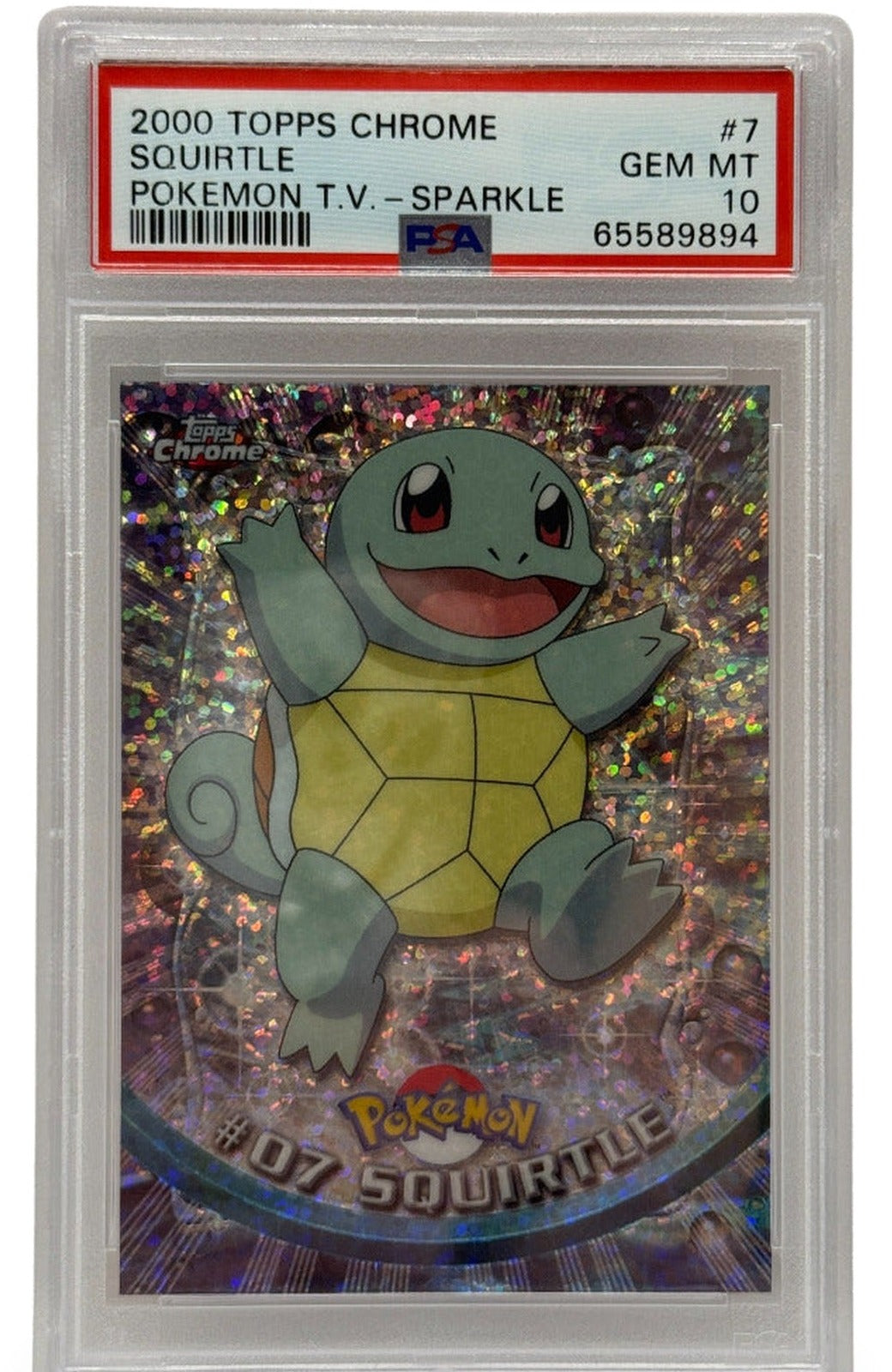 Pokémon trading card featuring Squirtle in a protective case with Topps branding.