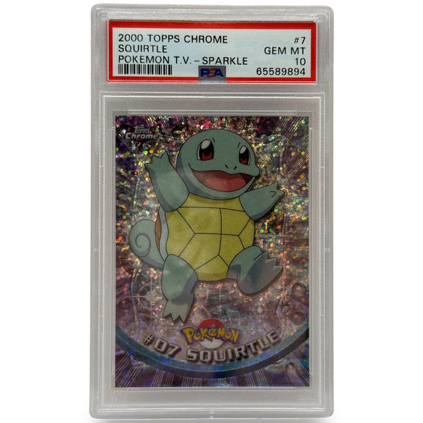 Pokémon trading card featuring Squirtle in a protective case with Topps branding.