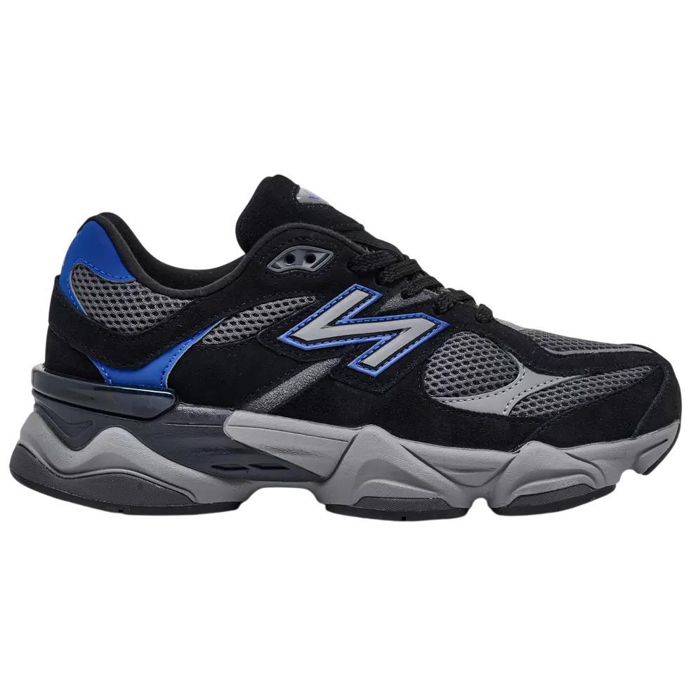 Black and blue sneaker with New Balance logo on a white background