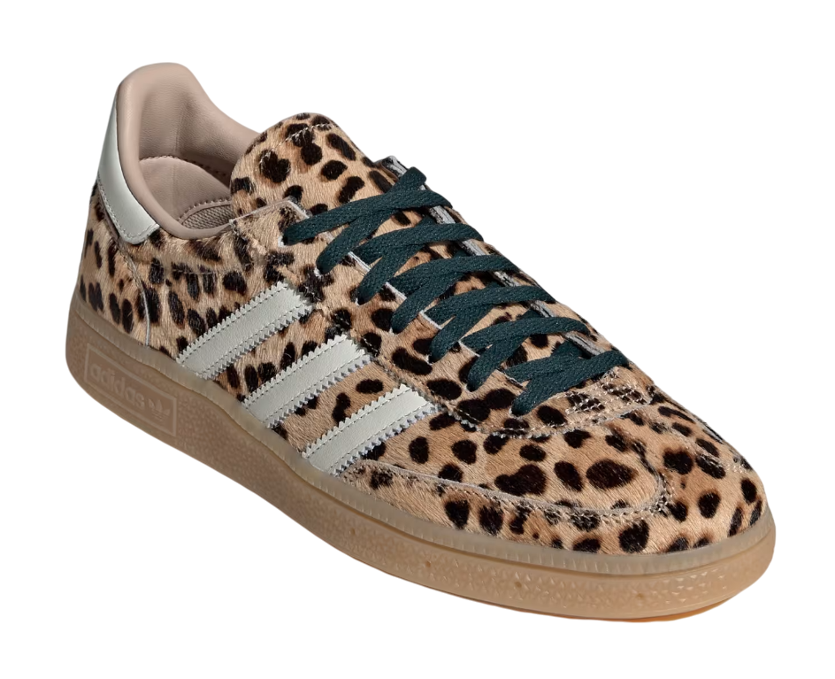 Leopard print sneaker with Adidas logo on a white background