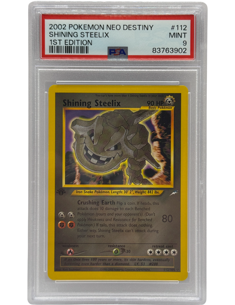 Pokémon trading card in protective packaging with a white background