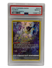 Pokémon trading card in protective packaging with a white background