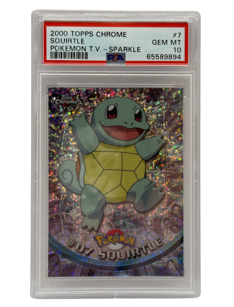 Pokémon trading card featuring Squirtle in a protective case with Topps branding.