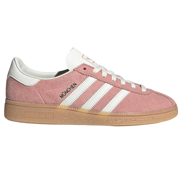 Pink Adidas sneaker with white stripes on a white background