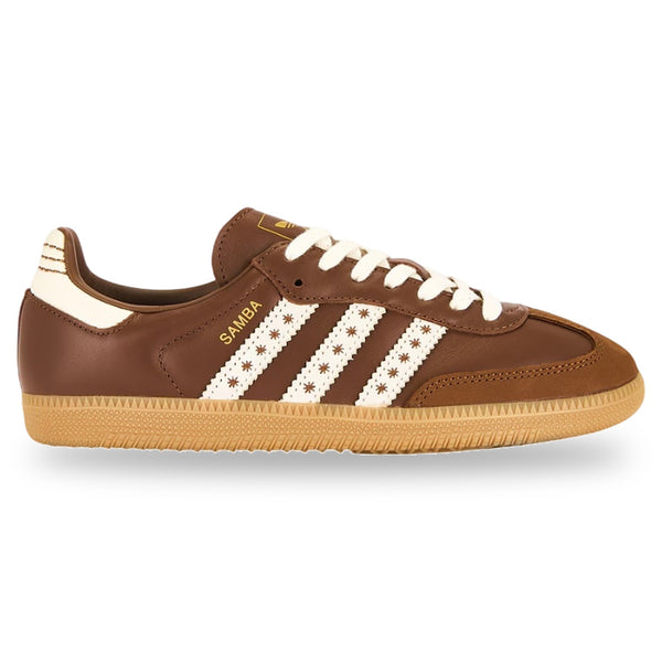 Brown Adidas sneaker with white stripes on a white background