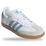 White Adidas sneaker with blue stripes on a white background - Image 2