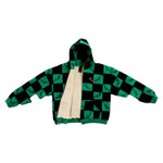 ANTI PROMO Zip Up Hoodie Green Black - front, unzipped showing thermal lining - Image 1