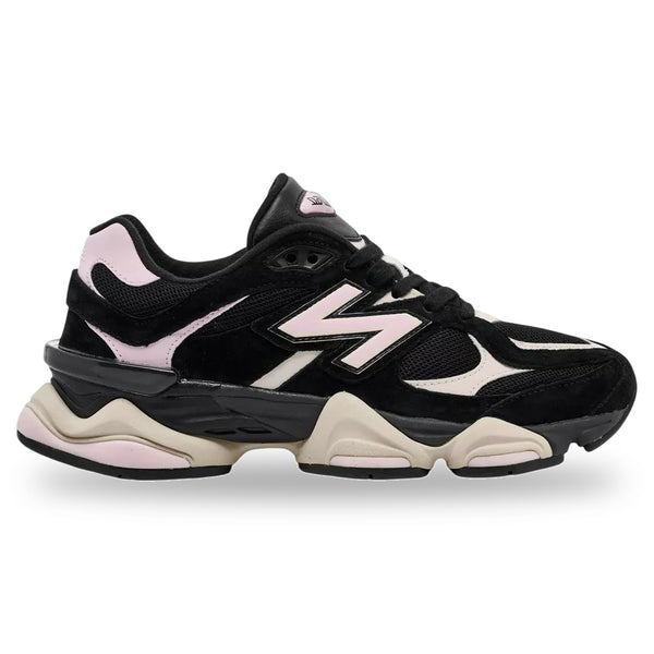 Black and pink sneaker with New Balance logo on a white background