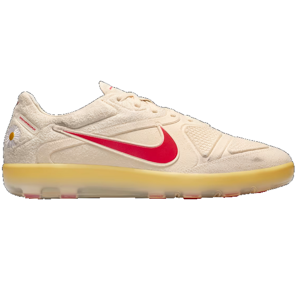 Beige sneaker with red Nike logo on a white background