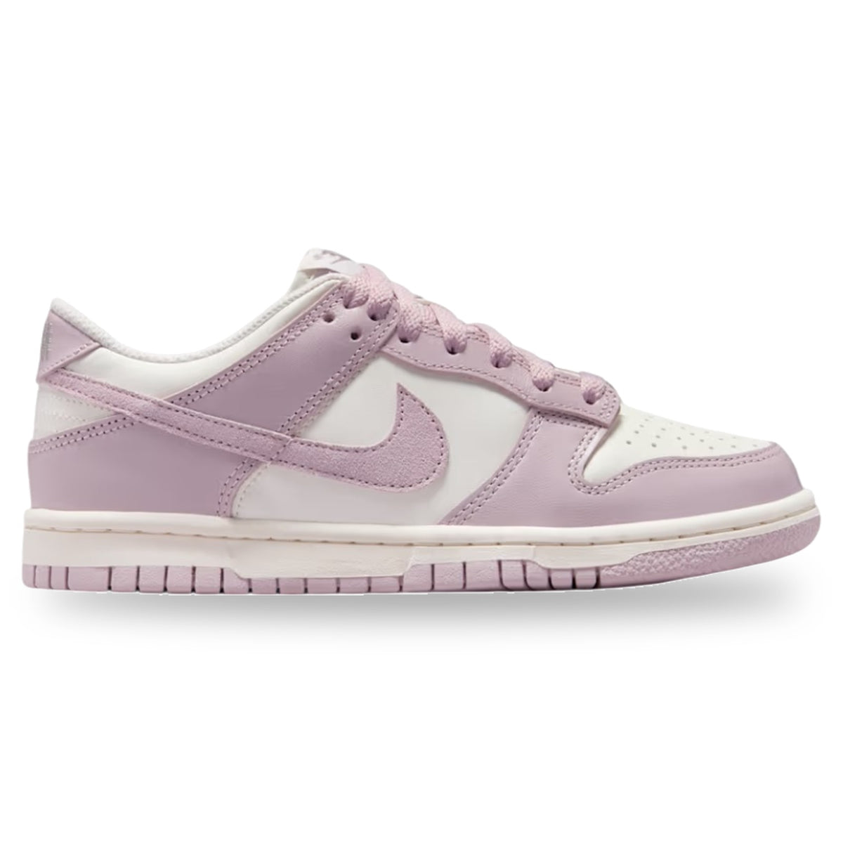 Pink and white sneaker with a visible brand logo on a white background