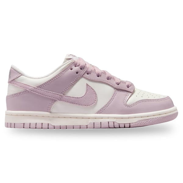 Pink and white sneaker with a visible brand logo on a white background