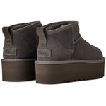 UGG Classic Ultra Mini Platform Boot Charcoal (Women's) — rear view, pair, sheepskin collar - Image 4