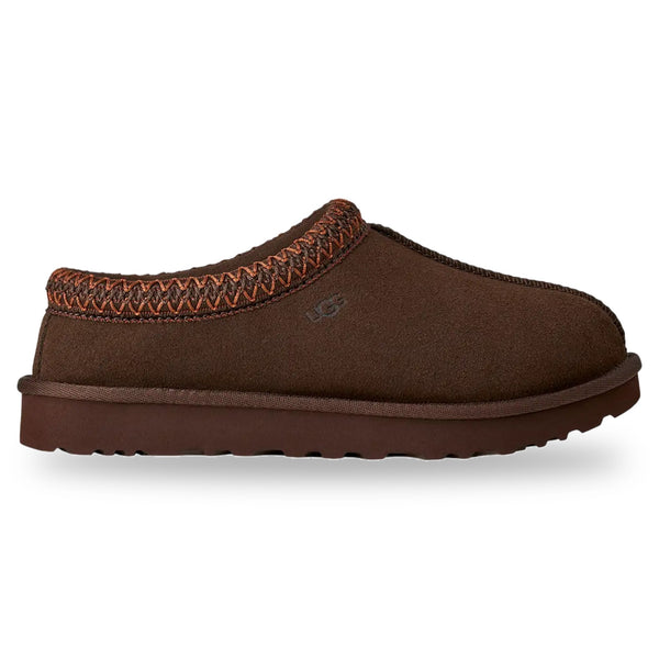 Brown slip-on shoe with textured band on a white background