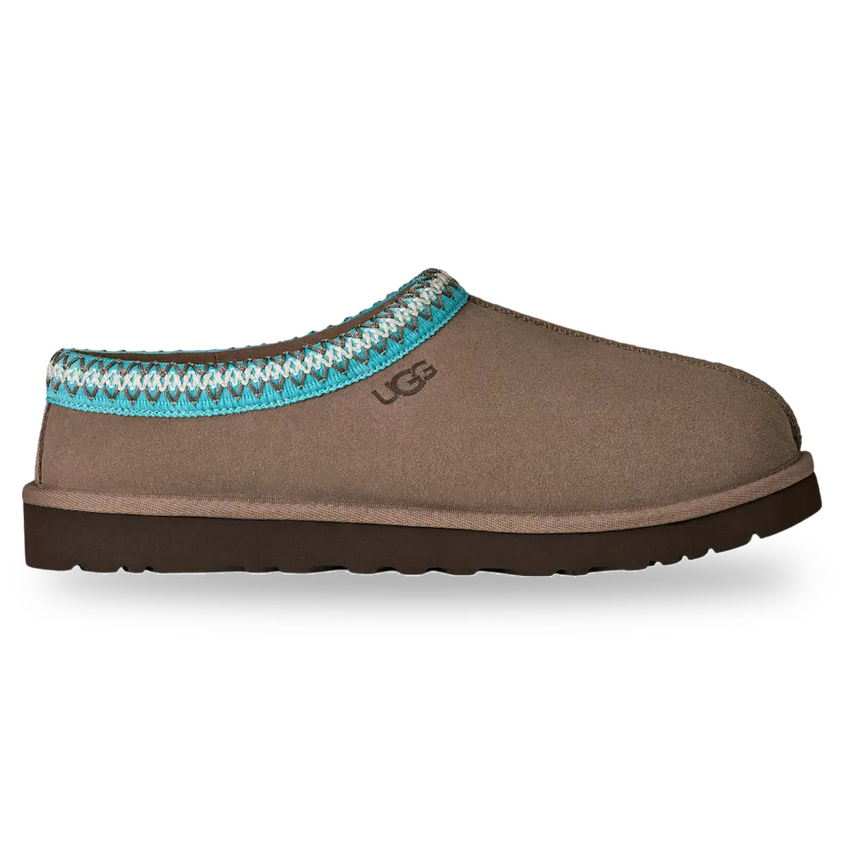 Brown slipper with blue and white patterned trim on a white background