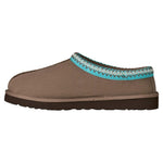 Brown slipper with a blue and white patterned trim on a white background - Image 3