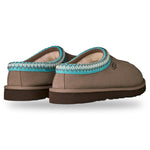 Pair of brown slippers with blue and white patterned trim on a white background - Image 4
