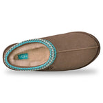 Brown UGG slipper with turquoise trim on a white background - Image 5