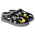 Pair of black slippers with cartoon character design on a white background - Image 2