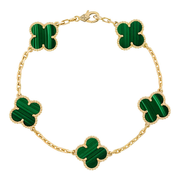 Van Cleef & Arpels Vintage Alhambra bracelet, 5 motifs 18K yellow gold, Malachite